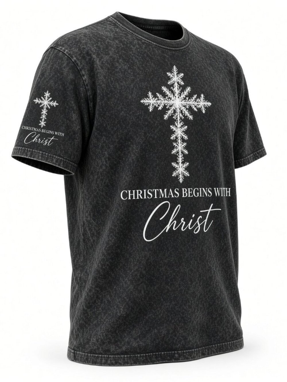 Christmas Begins With Christ Cross Acid Wash Black Tee